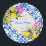 Blaue Fliesen Zitrone Bougainvillea Brauerei Pappteller<br><div class="desc">Blaue Fliesen Bougainvillea und Zitrone Amalfi Positano mediterrane Stil maßgeschneiderte Hochzeit Brautparty personalisierte Namen Papier Teller,  personalisiert Empfang Party Dekoration.</div>