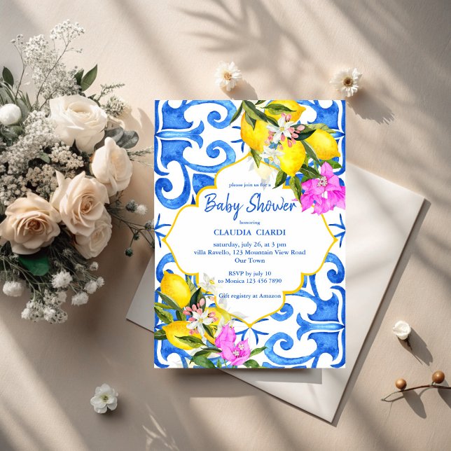 Blaue Fliesen Zitrone Italienische Babydusche Einladung (Blue tiles lemon bougainvillea  Italian baby shower Invitation cards template gender neutral )