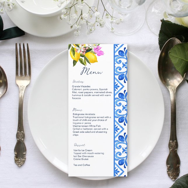 Blaue Fliesen Zitrone Mittelmeervorlage Menükarte (Von Creator hochgeladen)
