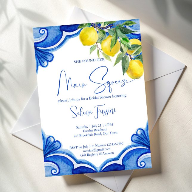 Blaue Fliesen Zitronen Hauptpresse Brautparty Einladung (Blue tiles lemons she found her main squeeze bridal shower invitation template instant download)