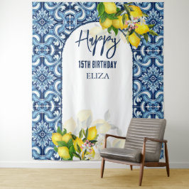 Blaue Fliesen Zitronen Italienisch Amalfi Glücklic Wandteppich