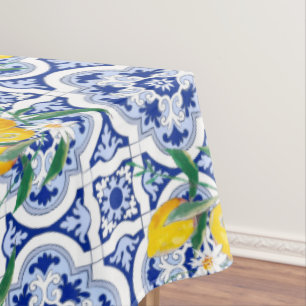 Blaue Fliesen, Zitronen, Majolikaflaken Tischdecke