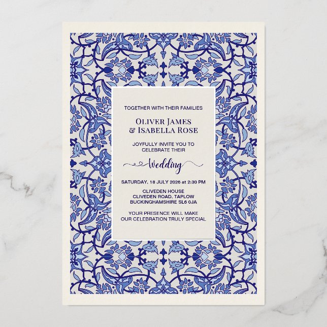 Blaue Flora Arabesque Hochzeit Einladung - Foil (Vorderseite)