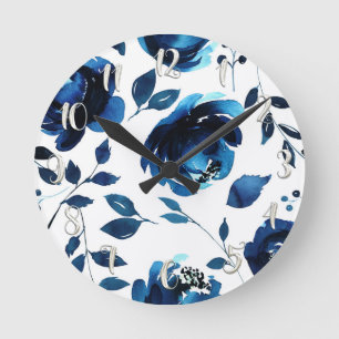 Blaue Flora Blume Wasserfarben Runde Wanduhr