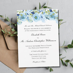 Blaue Flora Elegant Festliche Hochzeit Einladung