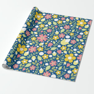 Blaue Flora Folk Art Muster Geschenkpapier