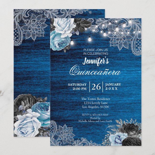 Blaue Flora Rustikale Quinceanera Einladung (Vorne/Hinten)