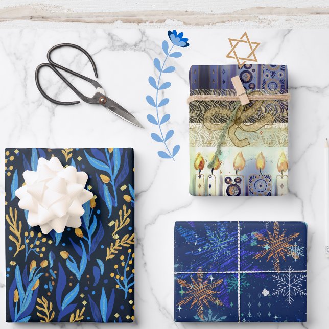 Blaue Flora, Sterne, helles Hanukkah Muster Geschenkpapier Set (Blue Floral , Stars, Light Hanukkah Pattern Wrapping )