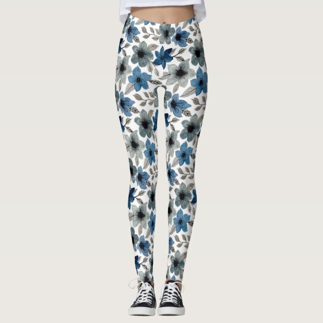 Blaue Flora Wasserfarbe Leggings Frauen (Vorderseite)