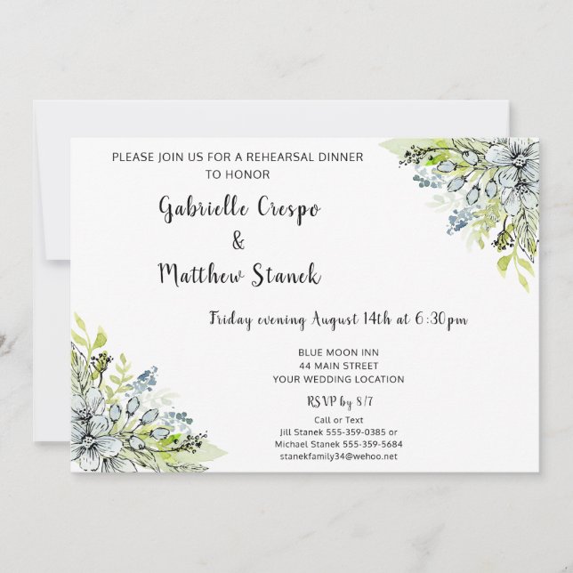 Blaue Flora Wasserfarbe Moderne Probe Abendessen Einladung (Vorderseite)
