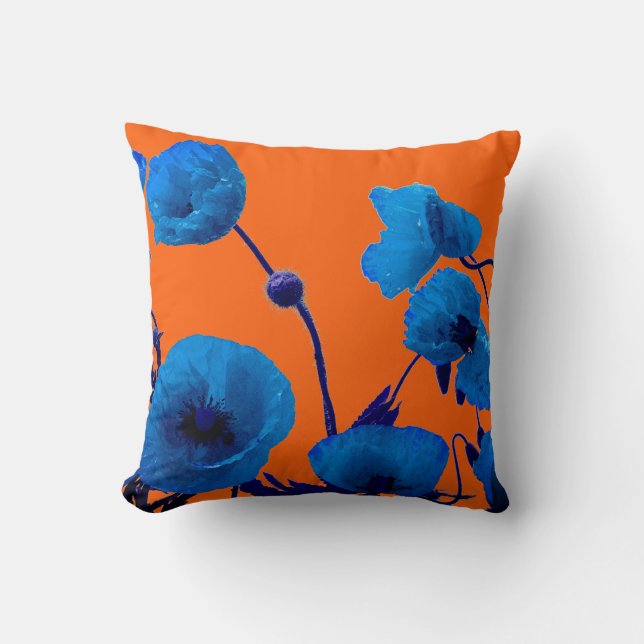 Blaue Flora Wasserfarbe Mohnblumen Blume Sommerson Kissen (Vorderseite)