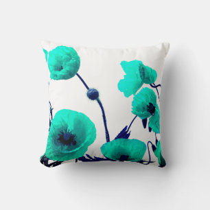 Blaue Flora Wasserfarbe Mohnblumen Blume Weiß Mode Kissen