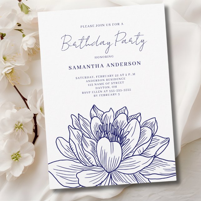 Blaue Flora Zeichnend Geburtstag Einladung (Von Creator hochgeladen)