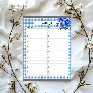 Blaue Floral Gingham_ To-Do-Liste Notizblock