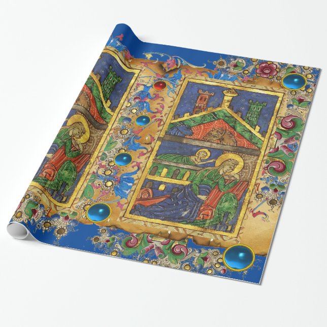 BLAUE FLORAL NATIVITY CHRISTMAS PARCHMENT AND GEMS GESCHENKPAPIER (Ungerollt)
