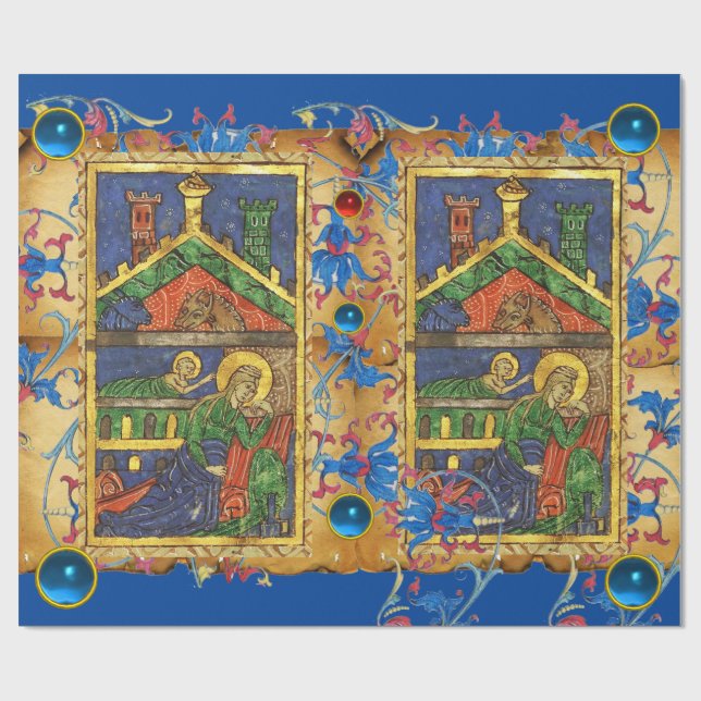 BLAUE FLORAL NATIVITY CHRISTMAS PARCHMENT AND GEMS GESCHENKPAPIER (Flach)