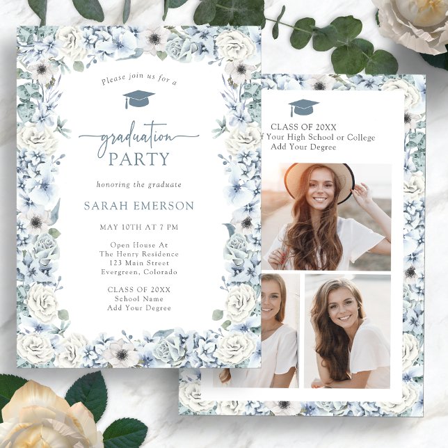 Blaue Florale Abschlussfeier Einladung (Watercolor Blue Floral Graduation Party Invitation Photo Collage by Painted Paperie
)