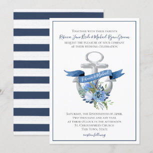 Blaue florale Anker-nautische Aquarell-Hochzeits-E Einladung