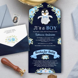 Blaue Florale Aquarell-Pinguin-Navy- Babyparty All In One Einladung