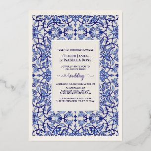 Blaue florale Arabeske-Hochzeitseinladung - Folie Folieneinladung