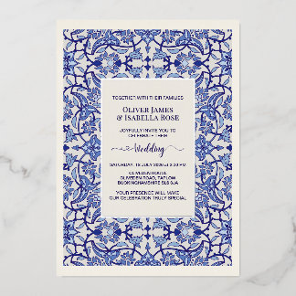 Blaue florale Arabeske-Hochzeitseinladung - Folie Folieneinladung