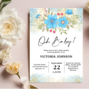 Blaue Florale Babyparty Einladung