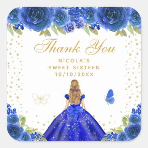 Blaue Florale Blondhaar-Prinzessin Sweet Sixteen Quadratischer Aufkleber