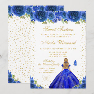 Blaue Florale Blondhaarige Prinzessin Sweet Sixtee Einladung