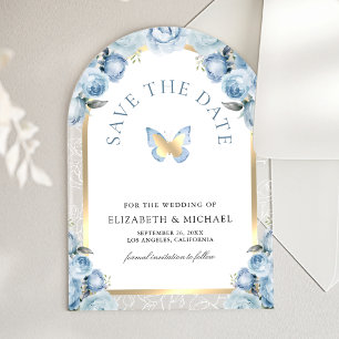 Blaue Florale Bogen Schmetterling Hochzeit Termin  Acryleinladungen