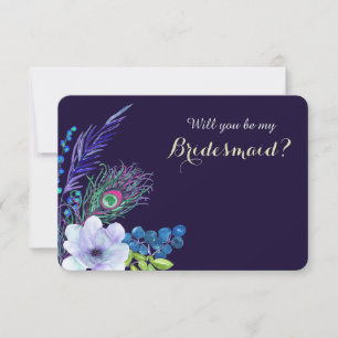 Blaue Florale Boho-Feder Brautjungfer Einladung