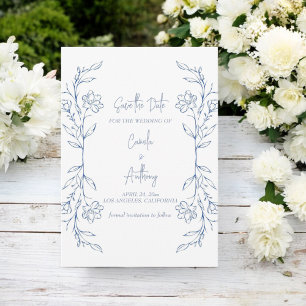 Blaue Florale Boho-Seitenrand-Hochzeit Einladung