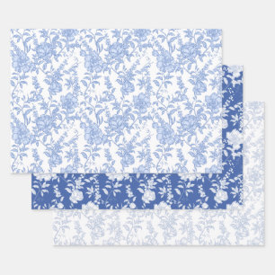 Blaue florale Chinoiserie-Französische Toile de Jo Geschenkpapier Set