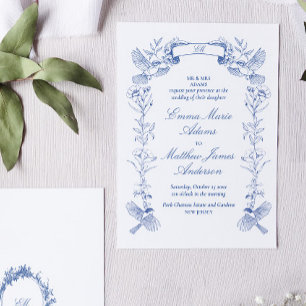 Blaue Florale Chinoiserie-Hochzeit Einladung
