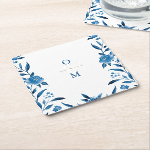 Blaue florale Chinoiserie-Hochzeitsmonogramm Rechteckiger Pappuntersetzer