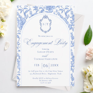 Blaue Florale Chinoiserie Monogramm Verlobungsfeie Einladung