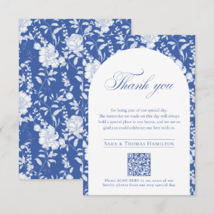 Blaue florale Chinoiserie QR-Code zu Hochzeitsfoto Dankeskarte