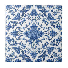 Blaue florale Chinoiserie Wasserfarbe Weiß Fliese