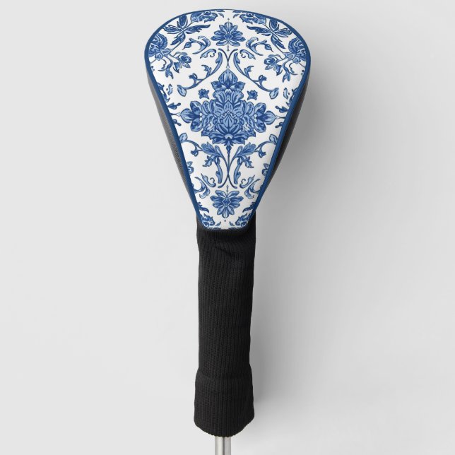 Blaue florale Chinoiserie Wasserfarbe Weiß Golf Headcover (Vorderseite)