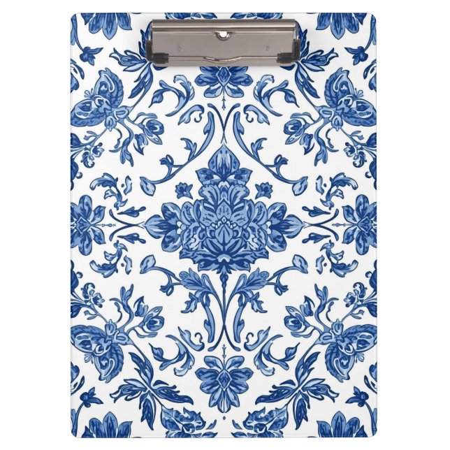 Blaue florale Chinoiserie Wasserfarbe Weiß Klemmbrett (Vorderseite)