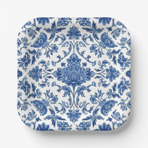 Blaue florale Chinoiserie Wasserfarbe Weiß Pappteller