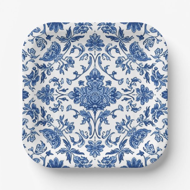 Blaue florale Chinoiserie Wasserfarbe Weiß Pappteller (Vorderseite)
