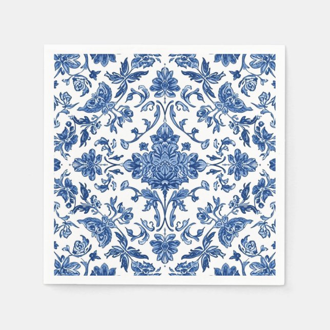 Blaue florale Chinoiserie Wasserfarbe Weiß Serviette (Vorderseite)