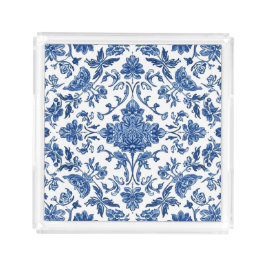 Blaue florale Chinoiserie Weiße Wasserfarbe Acryl Tablett