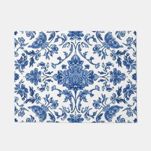 Blaue florale Chinoiserie Weiße Wasserfarbe Fußmatte