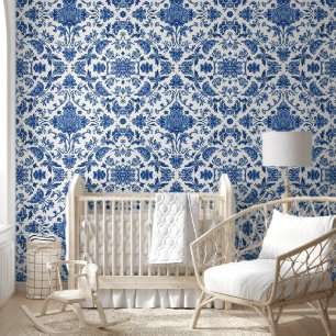 Blaue florale Chinoiserie Weiße Wasserfarbe Tapete