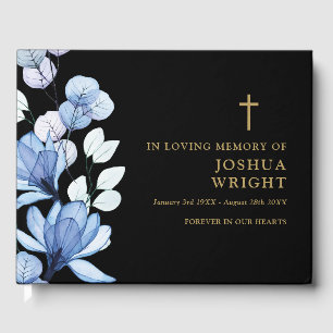 Blaue florale christliche Trauerfeier in liebevoll Gästebuch