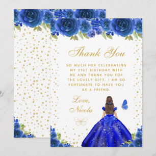 Blaue Florale Dunkelhaarige Haar Prinzessin Geburt Dankeskarte