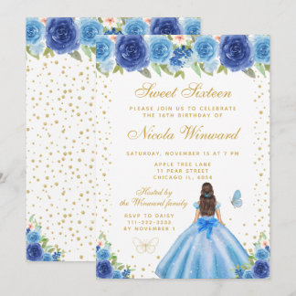 Blaue Florale Dunkelhaarige Haar Prinzessin Sweet Einladung