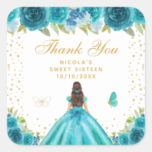 Blaue Florale Dunkelhaarige-Haar-Prinzessin Sweet Quadratischer Aufkleber