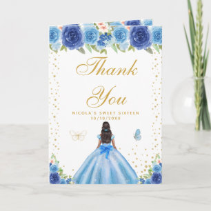 Blaue Florale Dunkelhäutige Mädchen Sweet Sixteen Dankeskarte